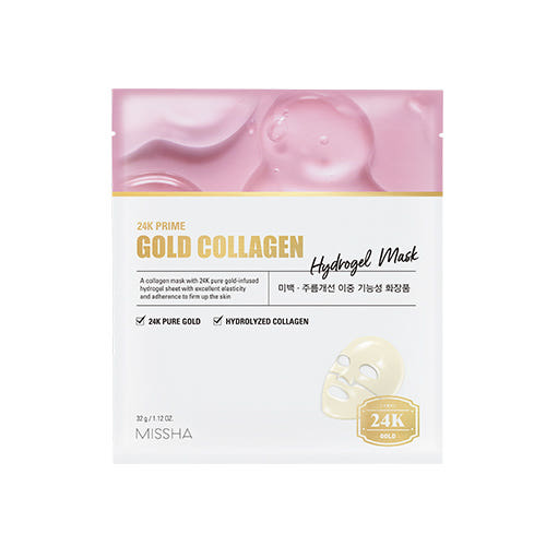 ProtoClinical k-beauty MISSHA 24K Prime Gold Collagen Hydrogel Mask 32g x 5ea single gold sheet mask pack with darker side panels on a light background