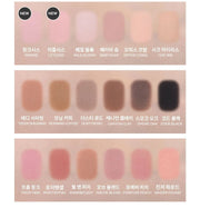ProtoClinical k-beauty MISSHA Modern Shadow 1.7g-2g (34color) nine square eyeshadow pans in warm brown and taupe tones arranged in a 3 by 3 grid on a pale pink background