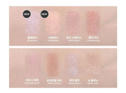ProtoClinical k-beauty MISSHA Modern Shadow 1.7g-2g (34color) nine square eyeshadow pans in soft mauve-brown tones arranged in a 3 by 3 grid on a pale blush background