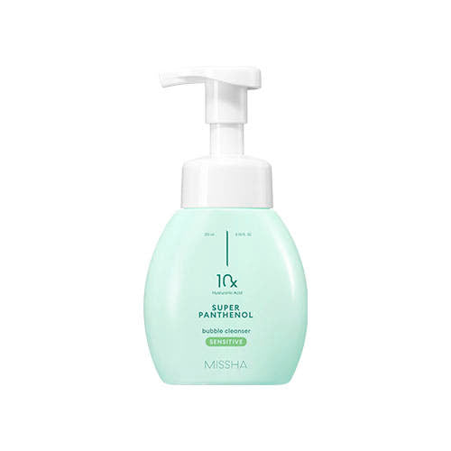 ProtoClinical k-beauty MISSHA Super Panthenol Bubble Cleanser (Sensitive) 200ml pale blue pump cleanser bottle standing upright on a light background
