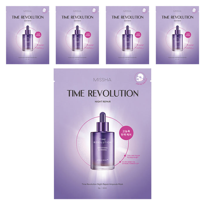 ProtoClinical k-beauty MISSHA Time Revolution Night Repair Ampoule Mask 30ml X 5ea single purple sheet mask pack centered on a light background