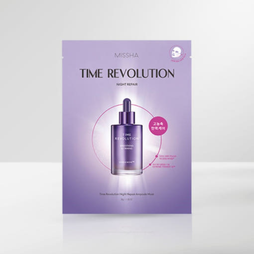 ProtoClinical k-beauty MISSHA Time Revolution Night Repair Ampoule Mask 30ml X 5ea single purple sheet mask pack on a light background
