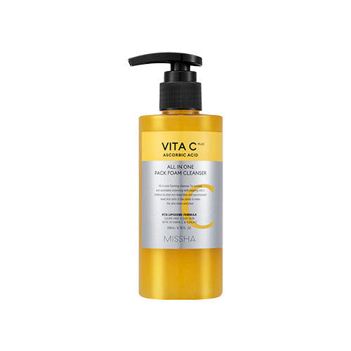 ProtoClinical k-beauty MISSHA Vita C Plus All In One Pack Foam Cleanser 200ml single warm yellow cleanser tube standing upright on a clean white background