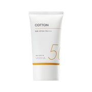 ProtoClinical k-beauty MISSHA All Around Safe Block Cotton Sun SPF50+ PA++++ 50ml in a single upright beige sunscreen bottle centered on a white background with soft peach side shading