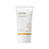 ProtoClinical k-beauty MISSHA All Around Safe Block Cotton Sun SPF50+ PA++++ 50ml in a single upright beige sunscreen bottle centered on a white background with soft peach side shading