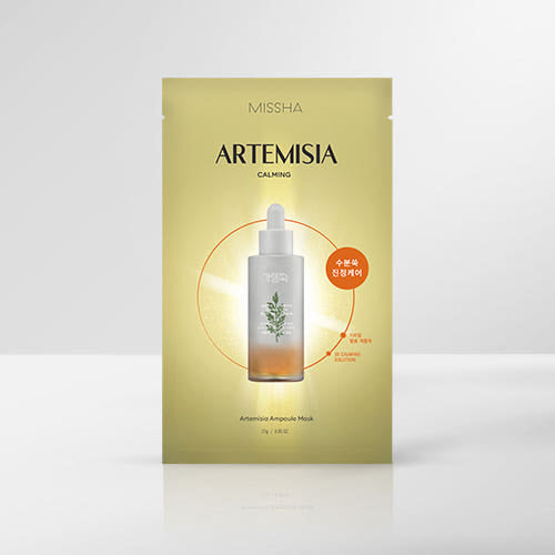 ProtoClinical k-beauty MISSHA Artemisia Ampoule Mask 27g X 5ea single beige sheet mask pack centered on a pale blue background with lighter side panels
