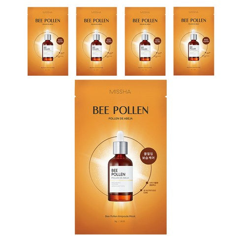 ProtoClinical k-beauty MISSHA Bee Pollen Ampoule Mask 30g X 5ea single orange sheet mask pack centered on a light background with pale blue side bands