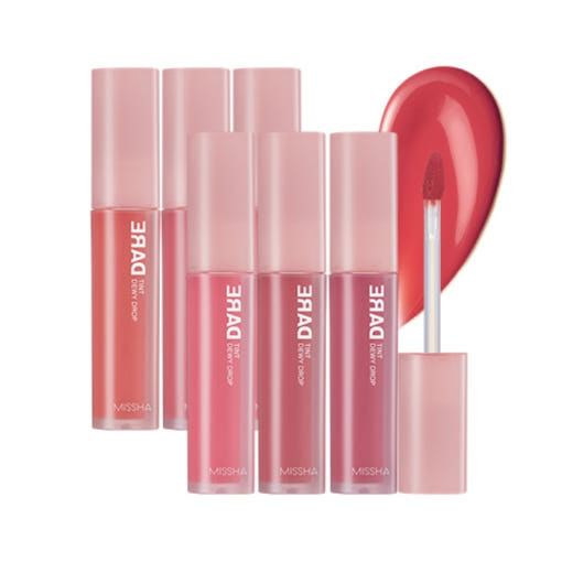 ProtoClinical k-beauty MISSHA Dare Tint Dewy Drop 4.3g (6Colors) single rosy pink lip swatch centered on a pale pink and mint background