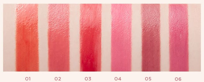 ProtoClinical k-beauty MISSHA Dare Tint Dewy Drop 4.3g (6Colors) horizontal lip tint swatch strip with coral, pink, and plum shade blocks