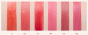 ProtoClinical k-beauty MISSHA Dare Tint Dewy Drop 4.3g (6Colors) horizontal lip tint swatch strip with coral, pink, and plum shade blocks