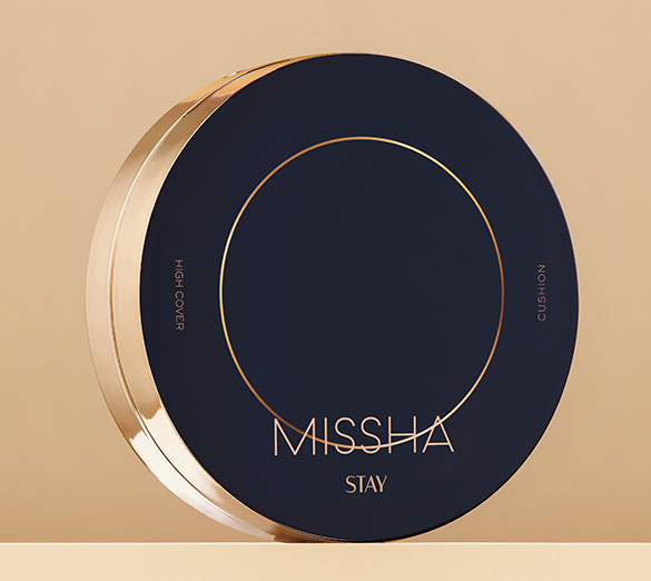 ProtoClinical k-beauty MISSHA Stay Cushion High Cover SPF30 PA++ 14g (3type) single dark navy cushion compact close-up on a warm beige background.