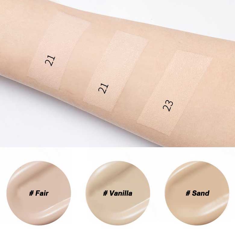 ProtoClinical k-beauty MISSHA Stay Cushion High Cover SPF30 PA++ 14g (3type) shade swatch chart with three warm swatches above three lighter swatches on a white background.