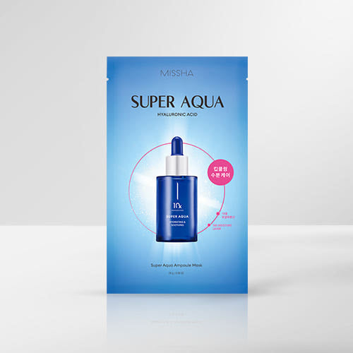 ProtoClinical k-beauty MISSHA Super Aqua Ampoule Mask 28g X 5ea single blue sheet mask pack centered on a light background with pale side bands