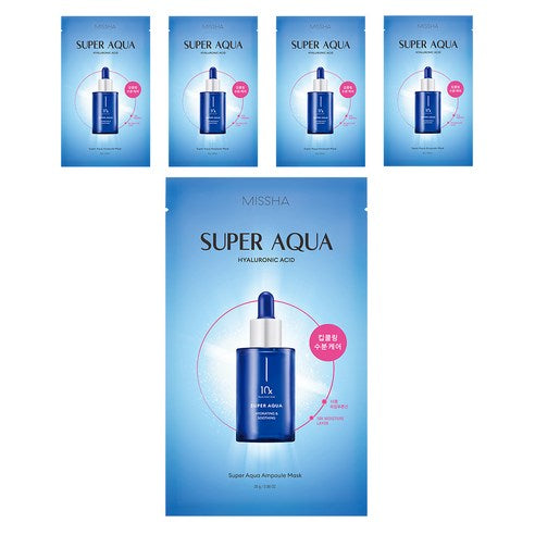 ProtoClinical k-beauty MISSHA Super Aqua Ampoule Mask 28g X 5ea single blue sheet mask pack centered on a light background with pale side bands