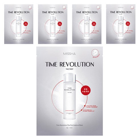 ProtoClinical k-beauty MISSHA Time Revolution The First Essence Mask 30g X 5ea two tall pale gray mask packets side by side on a light background