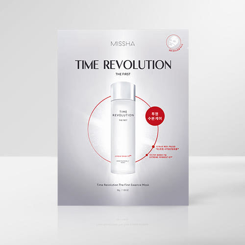 ProtoClinical k-beauty MISSHA Time Revolution The First Essence Mask 30g X 5ea two tall pale gray mask packets side by side on a light background