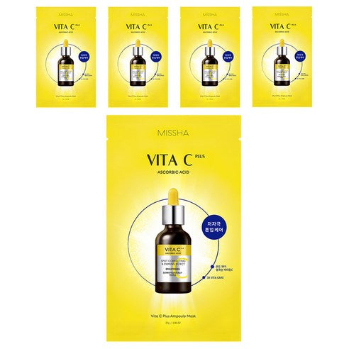 ProtoClinical k-beauty MISSHA Vita C Plus Ampoule Mask 27g X 5ea single bright yellow sheet mask pack centered on a light background with pale blue side bands