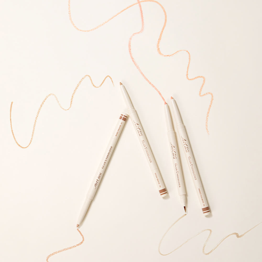 ProtoClinical k-beauty [TOO COOL FOR SCHOOL] Artclass Glam Under Liner 0.2g/0.7g (4 Colors) four cream liner pens arranged diagonally on a light cream background with peach and beige swatch lines