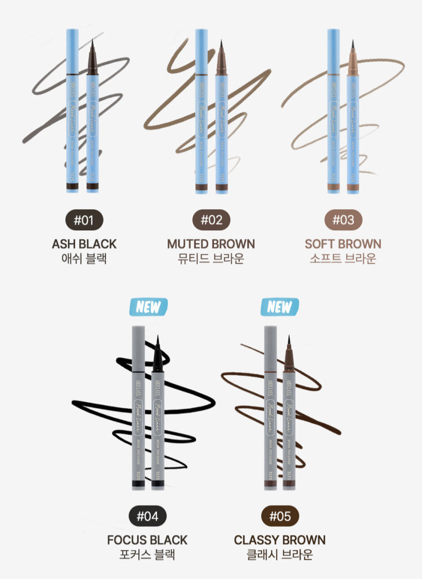 ProtoClinical k-beauty [TOO COOL FOR SCHOOL] Artclass Mood Pen Liner 0.6ml (5 Colors) two soft gray liner swatches stacked vertically on a pale blue and white background