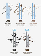 ProtoClinical k-beauty [TOO COOL FOR SCHOOL] Artclass Mood Pen Liner 0.6ml (5 Colors) two soft gray liner swatches stacked vertically on a pale blue and white background