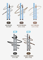 ProtoClinical k-beauty [TOO COOL FOR SCHOOL] Artclass Mood Pen Liner 0.6ml (5 Colors) two soft gray liner swatches stacked vertically on a pale blue and white background