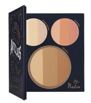 ProtoClinical k-beauty [TOO COOL FOR SCHOOL] By Rodin Artist Book 18.1g makeup palette graphic with four brown-toned blocks around a peach center on a light background