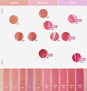 ProtoClinical k-beauty [TOO COOL FOR SCHOOL] Dew Blurry Tint 4g (10 Colors) swatch graphic with multiple rosy shade blocks, pale pink panels, and a compact vertical layout
