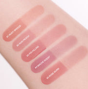 ProtoClinical k-beauty [TOO COOL FOR SCHOOL] Dew Blurry Tint 4g (10 Colors) shade guide graphic with peach, mauve, rose, and plum swatches arranged on a light detail layout