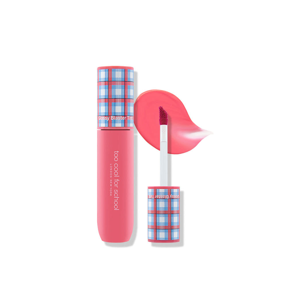 ProtoClinical k-beauty [TOO COOL FOR SCHOOL] Glossy Blaster Tint 3.4g (9colors) five pink lip tint tubes with blue plaid caps arranged upright on a clean background