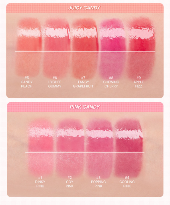 ProtoClinical k-beauty [TOO COOL FOR SCHOOL] Glossy Blaster Tint 3.4g (9colors) swatch graphic with stacked rosy pink shade blocks on a pale background