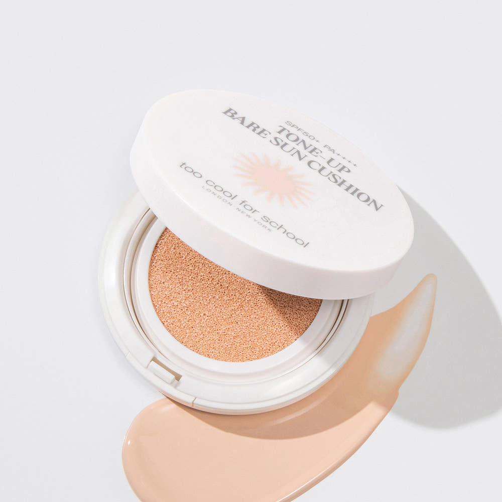 ProtoClinical k-beauty [TOO COOL FOR SCHOOL] Tone-Up Bare Sun Cushion SPF50+PA++++ 15g single sun cushion packaging on a clean white background.