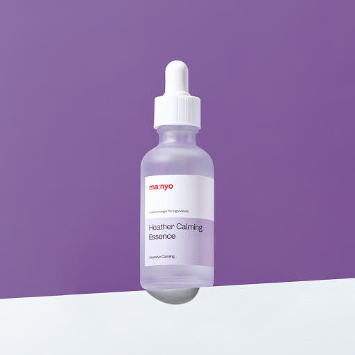 ProtoClinical k-beauty [MANYO FACTORY] Heather Calming Essence 50ml shown as an abstract purple graphic panel with a soft central highlight and darker lower shading on a light background.
