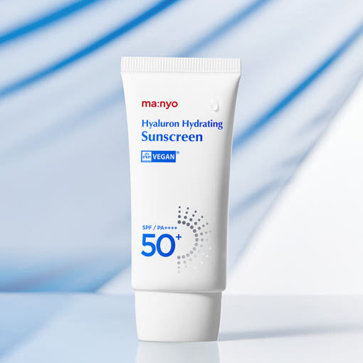 ProtoClinical k-beauty [MANYO FACTORY] Hyaluron Hydrating Sunscreen SPF50+ PA++++ 50ml single upright pale blue sunscreen packaging on a white background with light blue side panels.