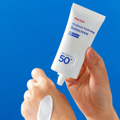ProtoClinical k-beauty [MANYO FACTORY] Hyaluron Hydrating Sunscreen SPF50+ PA++++ 50ml single upright pale blue sunscreen packaging on a white background with light blue side panels.