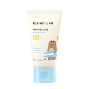 ProtoClinical k-beauty Round Lab Baby Mild Sun Cream SPF 50+ PA++++ 60ml single upright pale green sun cream tube centered on a white background with soft blue lower corners.