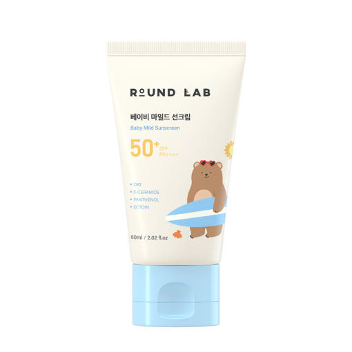 ProtoClinical k-beauty Round Lab Baby Mild Sun Cream SPF 50+ PA++++ 60ml single upright pale green sun cream tube centered on a white background with soft blue lower corners.