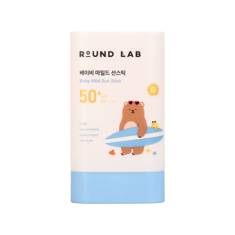 ProtoClinical k-beauty Round Lab Baby Mild Sun Stick 21g (SPF50+ PA++++) single upright beige sun stick container on a white background with soft blue lower corners.