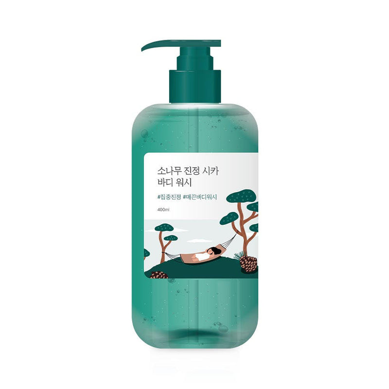 ProtoClinical k-beauty Round Lab Pine Calming Cica Body Wash 400ml single upright teal body wash bottle centered on a light background with soft green lower accents.