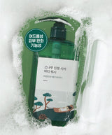 ProtoClinical k-beauty Round Lab Pine Calming Cica Body Wash 400ml single upright teal body wash bottle centered on a light background with soft green lower accents.