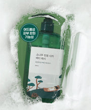 ProtoClinical k-beauty Round Lab Pine Calming Cica Body Wash 400ml single upright teal body wash bottle centered on a light background with soft green lower accents.
