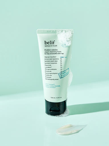ProtoClinical k-beauty belif Problem Solution Vegan Cleansing Foam 100ml single upright cleansing foam tube in soft aqua packaging on a light background.