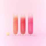ProtoClinical k-beauty peripera  Ink Mood Glowy Tint 4g (#20~#36) pink lip tint graphic centered in a square layout on a pale aqua and blush background