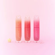 ProtoClinical k-beauty peripera  Ink Mood Glowy Tint 4g (#20~#36) pink lip tint graphic centered in a square layout on a pale aqua and blush background