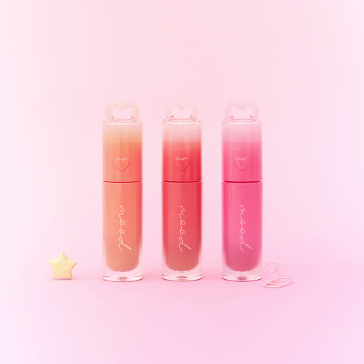 ProtoClinical k-beauty peripera  Ink Mood Glowy Tint 4g (#20~#36) pink lip tint graphic centered in a square layout on a pale aqua and blush background