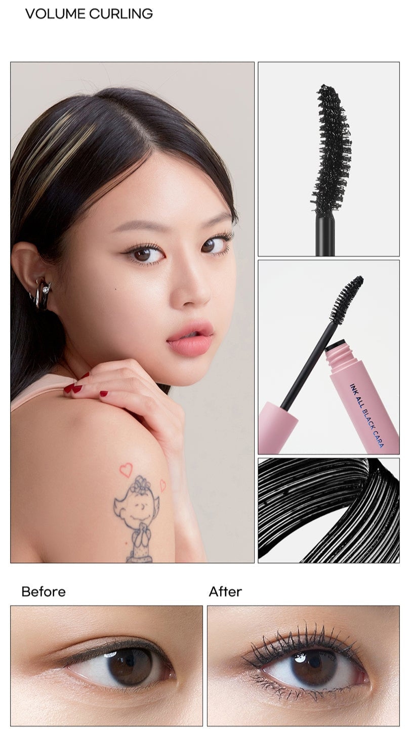 ProtoClinical k-beauty peripera Ink All Black Cara 7g (2type) single dark mascara tube standing upright on a warm peach background