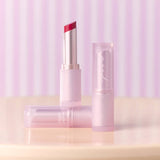 ProtoClinical k-beauty peripera Ink Mood Glowy Balm 3.4g rose-gold lip balm tube with an open red balm bullet and glossy red swatches on a white background
