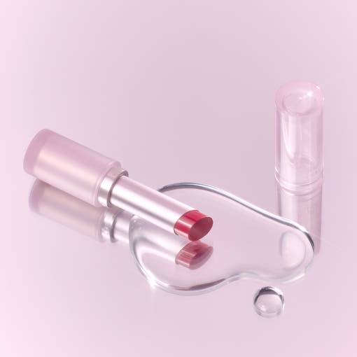ProtoClinical k-beauty peripera Ink Mood Glowy Balm 3.4g pink lip balm tube with an open berry balm bullet and rosy swatches on a white background