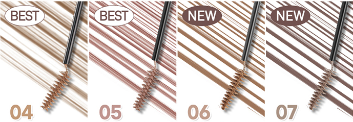 ProtoClinical k-beauty peripera Speedy Skinny Brow Mascara 3g three soft brown brow swatches side by side on a pale beige background