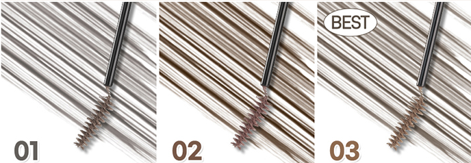 ProtoClinical k-beauty peripera Speedy Skinny Brow Mascara 3g three gray-brown brow swatches side by side on a pale beige background