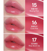 ProtoClinical k-beauty peripera Water Bare Tint 3.7g #15~17 shown in a pink product detail graphic with rose swatch blocks, dark tint tube shapes, and pale blue-green corner accents